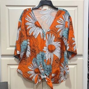 Floral V-Neck Tie-Front Top - Orange and Blue